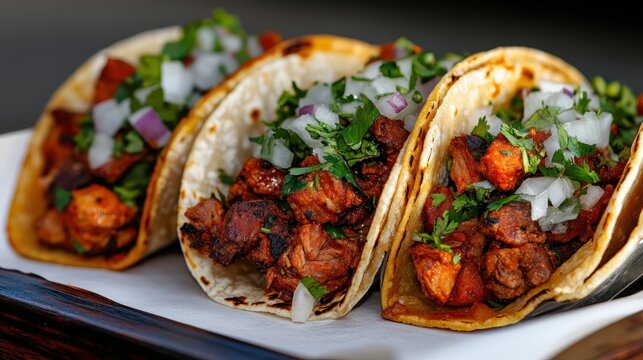 This vibrant image showcases three flavorful tacos filled with meat, cilantro, and onions, perfect for a delicious meal or snack anytime and sure to delight food lovers.