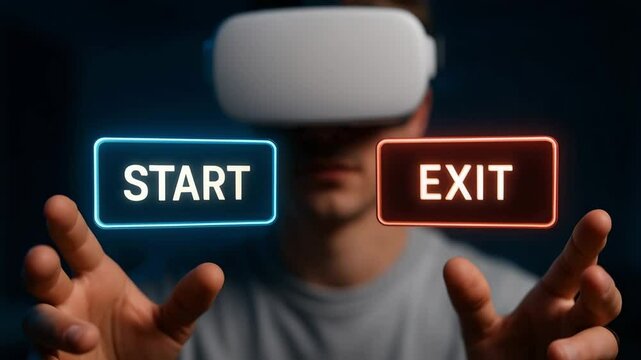 Neon interface offers launch or quit options to a focused virtual reality gamer. Concept of user control and digital freedom.