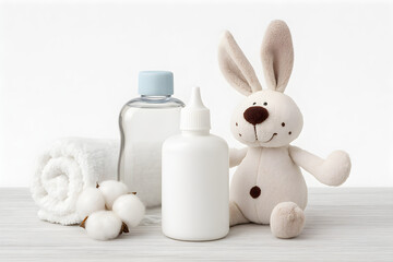 Cute baby care essentials with soft toys and cotton on a white background at home