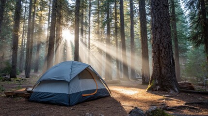 Tent hidden among dense tall pine trees, early morning mist, sunrays through branches, tranquil forest camp