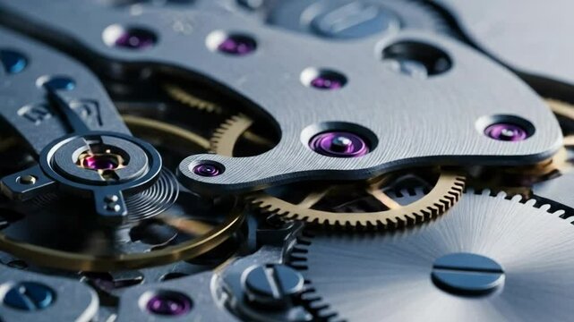 Closeup of intricate watch mechanism with gears and jewels  