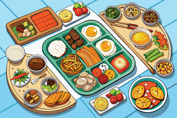 various plates of food isolated on a white background, top view.