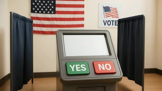 An electronic ballot machine displays large yes and no buttons inside a us voting booth. Concept of democratic choice and secure election technology.