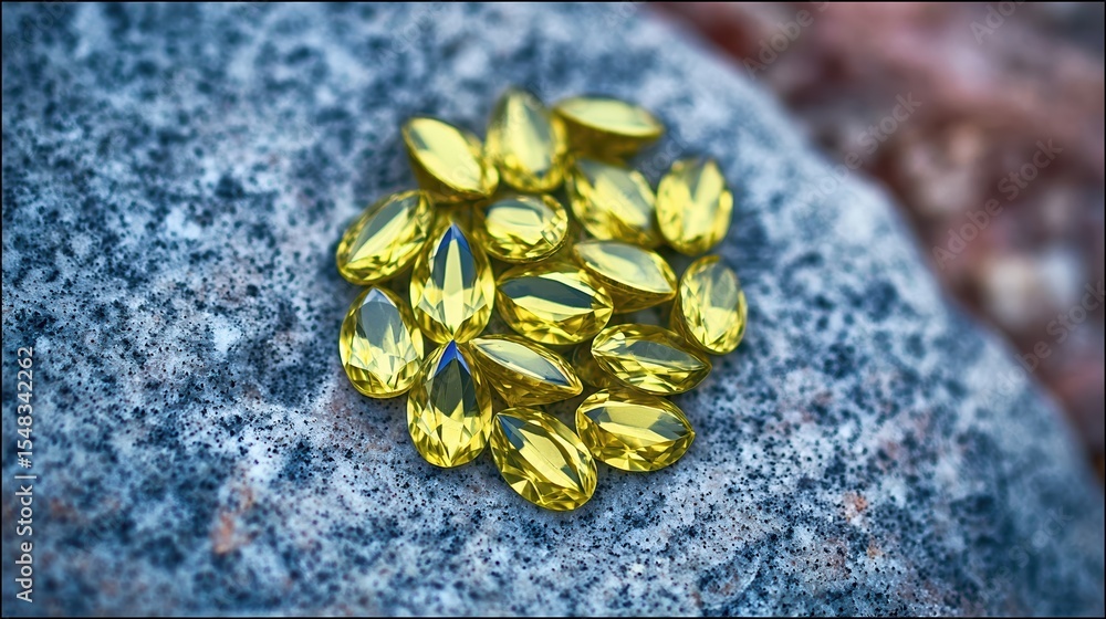 Poster collection of sparkling yellow sapphire gemstones arranged neatly on a textured granite surface