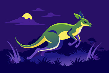 A kangaroo jumping with joey in pouch across grass