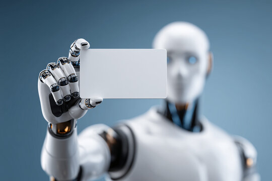 A humanoid robot presents a blank business card. The robot is predominantly white with metallic gold joints, and its hand is outstretched holding the card. The background is a muted blue.
