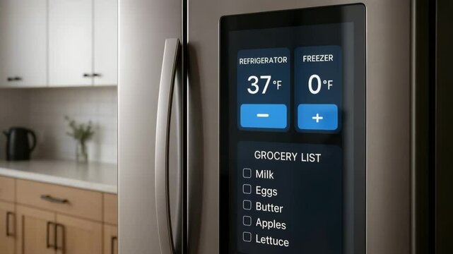 A smart refrigerator screen displays temperature controls and a live grocery checklist in a modern kitchen. Concept of connected appliance and household convenience.