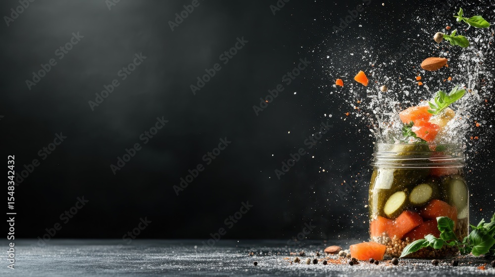 Aufkleber a dynamic image captures the moment a jar of pickled vegetables explodes, creating a playful splash 