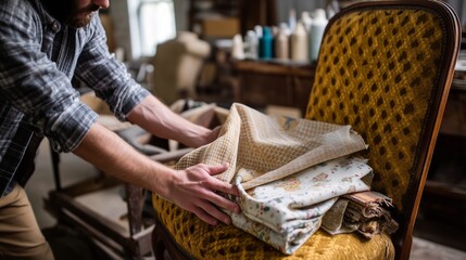 Craftsman repairing vintage chair with colorful fabrics in workshop during the afternoon