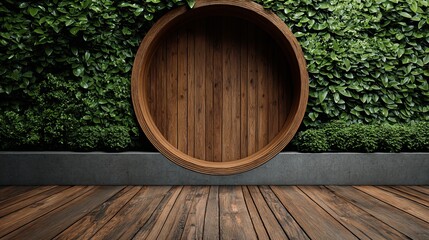 Wooden circle frame, a portal with lush greenery paired with original design