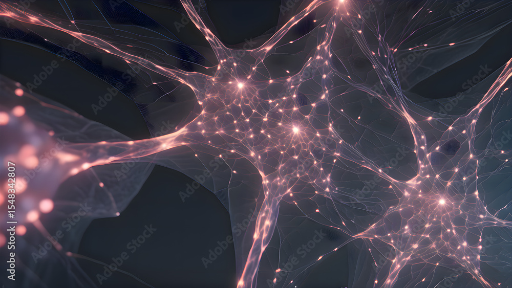Poster detailed computer generated image showing neurons and synapses with electrical impulses and abstract