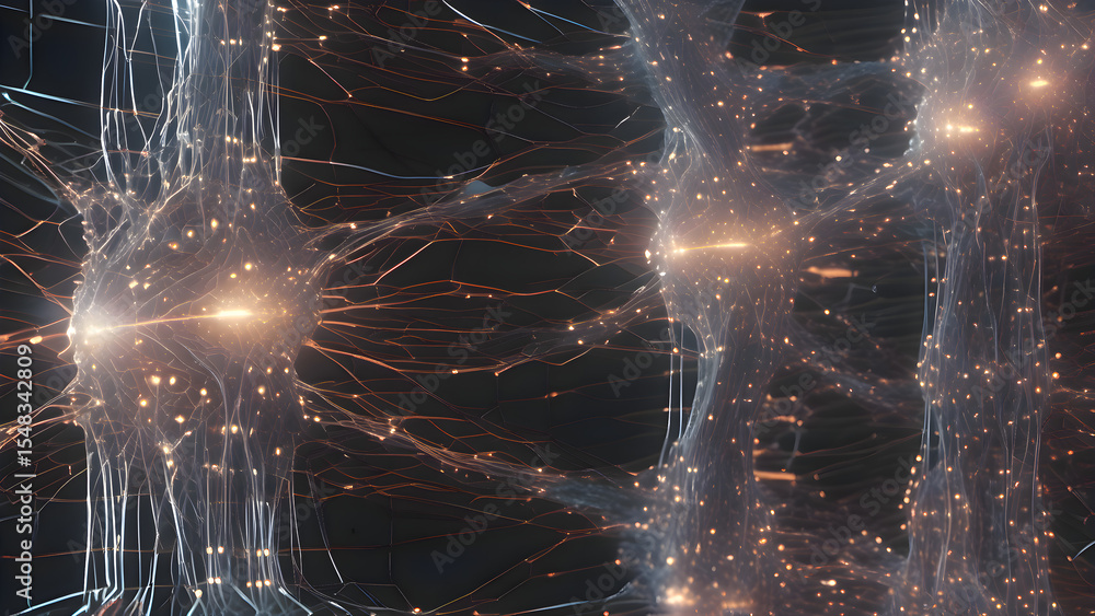 Poster computer generated visualization of a cluster of neurons with glowing synapses and detailed neural c