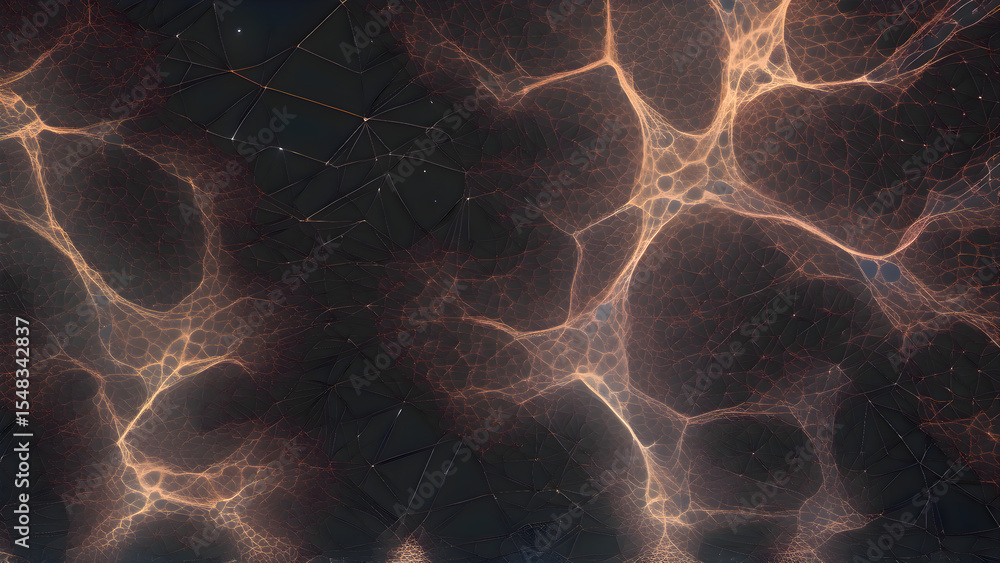 Poster computer generated image showing a detailed abstract fracturing pattern with vibrant lighting on a d