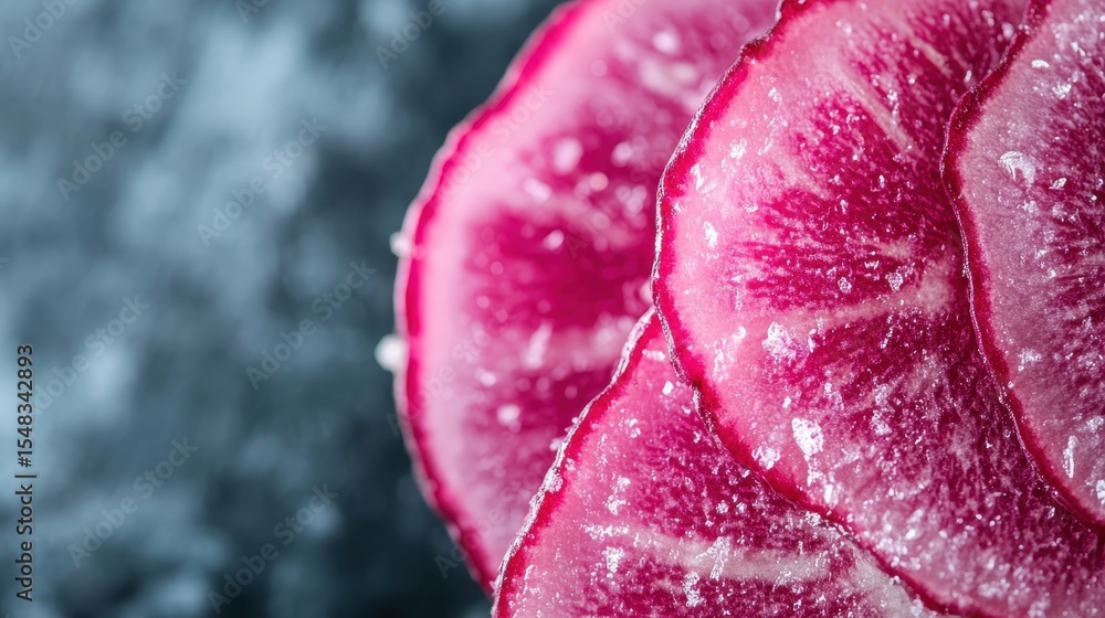 Poster a visually striking close-up image showcasing vibrant pink radish slices with intricate patterns, hi