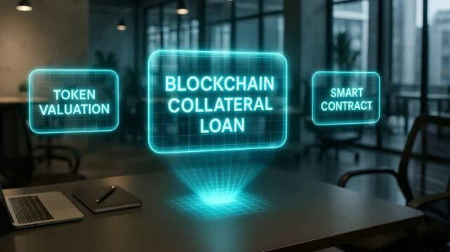 A holographic display projects blockchain collateral loan options above a desk in a high-tech office. Concept of decentralized finance and smart contract security.