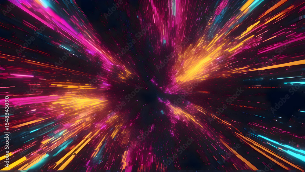 Poster brightly colored abstract light streaks moving dynamically through a dark black background forming f