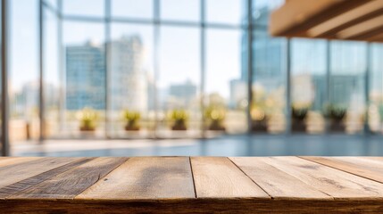 Premium photo of empty wood table top and blur glass window wall building banner background.