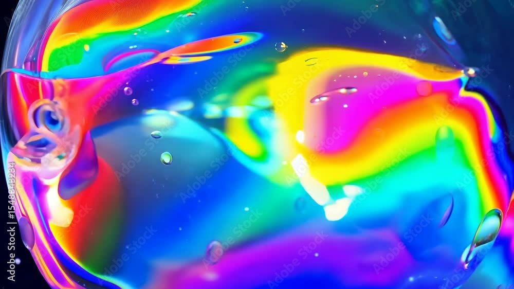 Poster close up of an iridescent soap bubble creating a colorful surface effect against a black background.