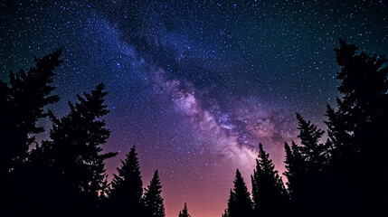 Starry night sky, Milky Way visible in the center with many stars scattered across it, silhouettes of trees below, shot from an eye-level perspective.