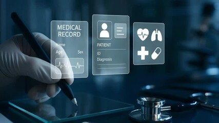 A gloved hand writes as holographic medical record panels float above a glass tablet. Concept of electronic health documentation and patient data security. - Powered by Adobe