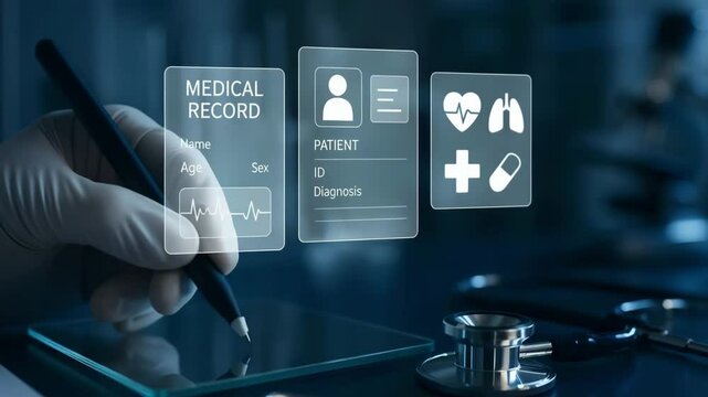 A gloved hand writes as holographic medical record panels float above a glass tablet. Concept of electronic health documentation and patient data security.