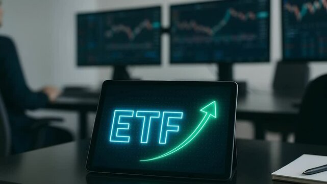 A glowing ETF arrow curves upward on a tablet inside a dim trading office. Concept of electronic fund investment growth.