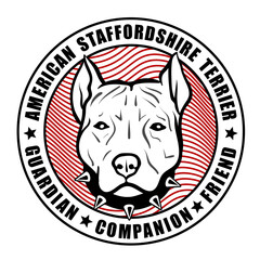 Round emblem: Vector AmStaff with black spiked collar over curved red waves. Circular border text: American Staffordshire Terrier top, Guardian. Companion. Friend. bottom. Loyal breed identity design