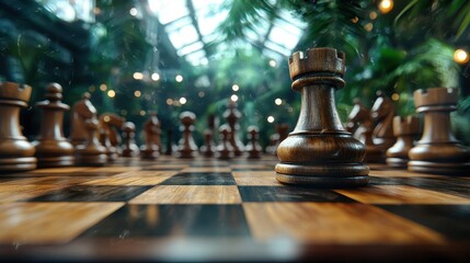 A knight chess piece stands proud on a wooden chessboard, highlighting strategic thinking, competition, and the intricate game of chess, embodying themes of intellect and strategy.
