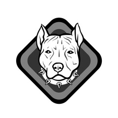 Minimalist vector emblem: AmStaff or Pitbull head with spiked collar centered on a rounded black diamond with subtle border. Clean, neutral palette. For professional kennel logos or security branding