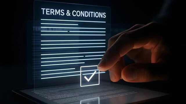 A hand taps a holographic checkbox to accept online terms and conditions on a tablet. Concept of digital agreement and user consent.