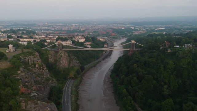 Avon Gorge, Clifton Suspension Bridge and Leigh Woods in Bristol during summer solstice sunset