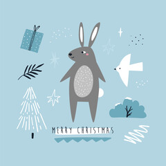 Minimalist Rabbit Christmas Card with Gifts on Blue Background. Perfect for seasonal designs, holiday cards, kids illustrations, and winter-themed projects.