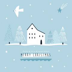 Minimal Christmas Card with House and Trees on Blue Background. Perfect for seasonal designs, holiday cards, kids illustrations, and winter-themed projects.