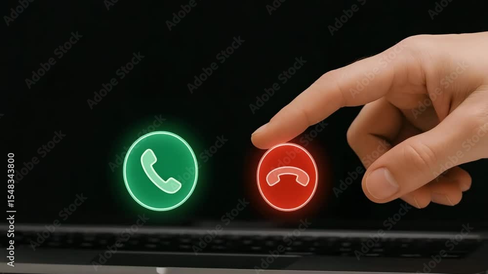 Poster a hand hovers over glowing accept and reject call icons between two laptops. concept of digital comm