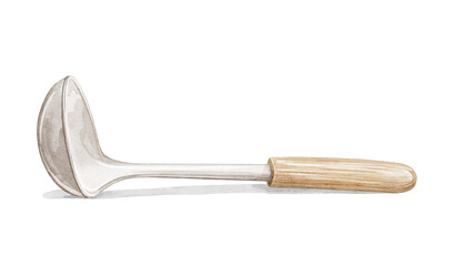 Cartoon cute cooking  culinary metal kitchen soup ladle with wooden handle lies on the table isolated on white background. Watercolor and pencil hand drawn illustration sketch