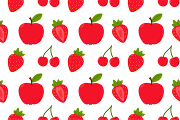 Vector seamless pattern featuring apples, strawberries, and cherries. Perfect for healthy food packaging, grocery branding, textile design, and fresh fruit visuals