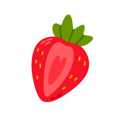 Vector illustration of a juicy red strawberry with seeds and green leaves. Perfect for food packaging, summer labels, organic product branding, and healthy nutrition design