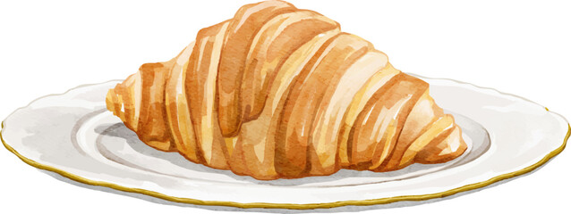 Cute cartoon fresh french croissant pastry on white saucer plate isolated on white background. Watercolor hand drawn illustration sketch vector