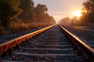 Fototapeta premium Golden Sunset Railway Tracks Receding into Distance