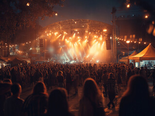 Crowd at Night Outdoor Music Festival with Stage Lights and Live Band – Concert Event Vibe with Audience and Illuminated Stage Under Night Sky