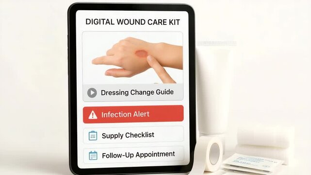 A tablet shows a digital wound care kit interface beside bandages and ointment. Concept of remote health monitoring and smart first aid.
