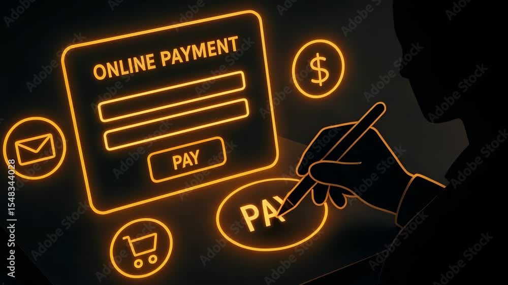 Poster a neon outline shows an online payment form while a hand signs digitally with a stylus. concept of s