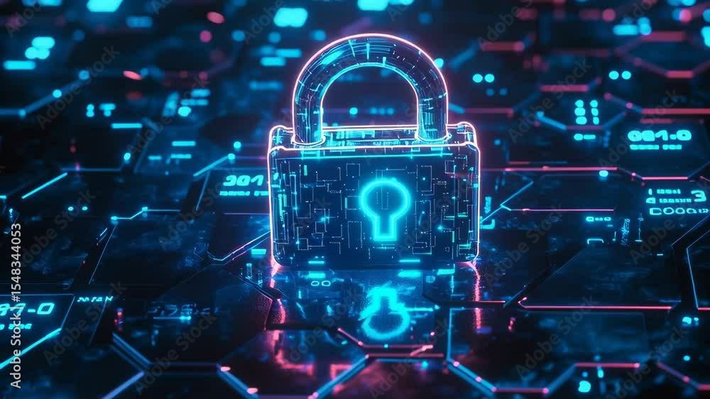 Poster futuristic digital lock illuminating a network of hexagonal patterns, representing cybersecurity and