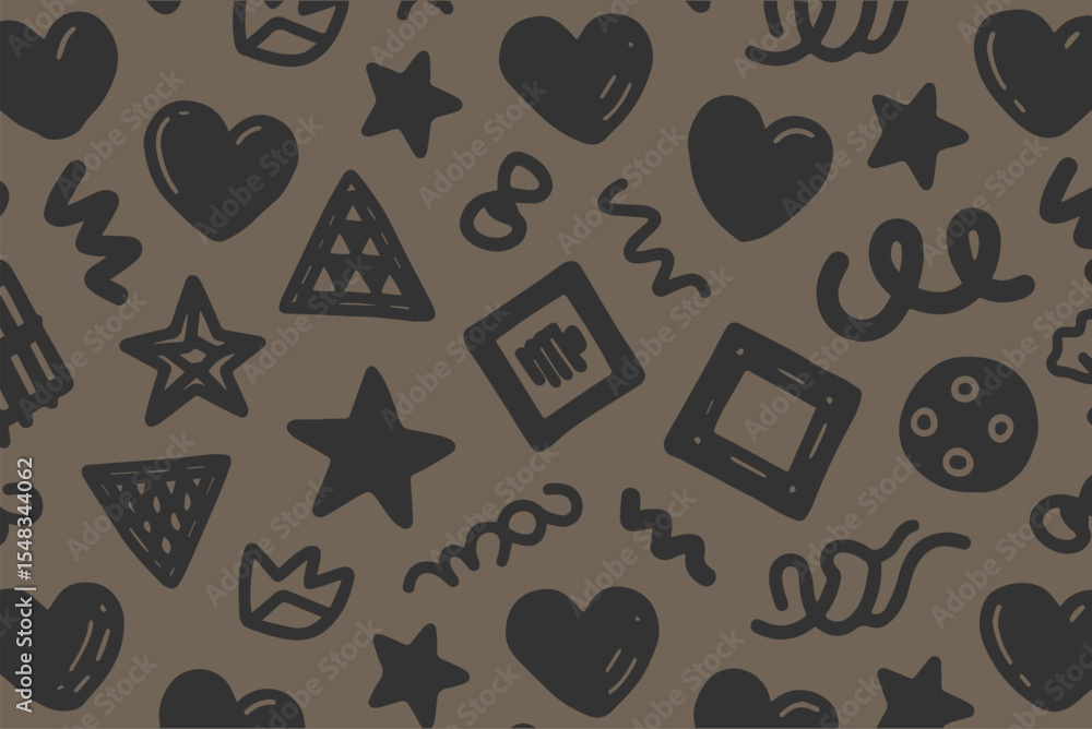 Poster seamless pattern with hand drawn shapes on brown background hearts stars triangles squares circles a