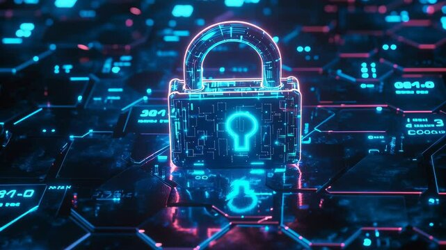 futuristic digital lock illuminating a network of hexagonal patterns, representing cybersecurity and data protection in the modern technology landscape
