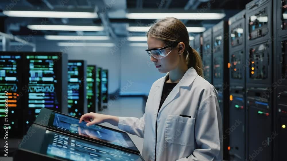 Poster a female scientist in safety goggles operates a touchscreen console inside a busy server room. conce