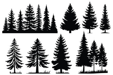 Black pine tree illustrations – natural forest and Christmas tree vector set
