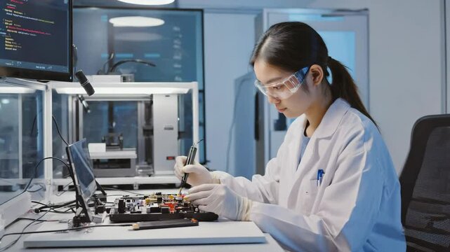 An asian female electronics engineer solders components on a circuit board in a sterile lab. Concept of precision manufacturing and technological innovation.