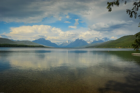 Lake McDonald in Glacier National Park, Montana, as viewed from Apgar Village on the west shore.