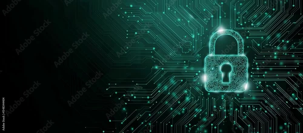 Poster cybersecurity banner background with digital padlock and circuit board elements, symbolizing data pr